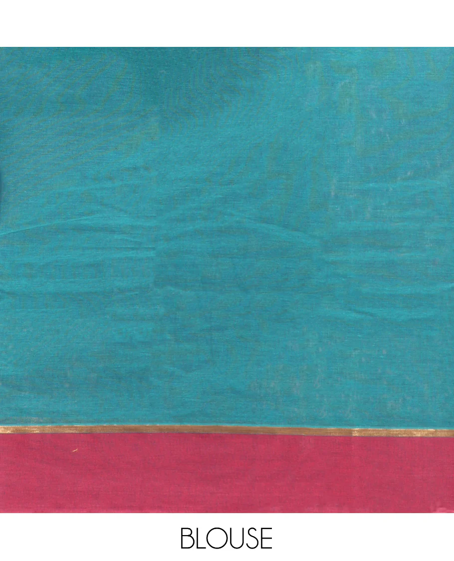 Blue Kanchi Cotton Saree, Adorned with a Geometric Design on Its Body, Complemented by a Contrast Unique Design Border, Intricate Pallu, and a Matching Blouse - Image 4