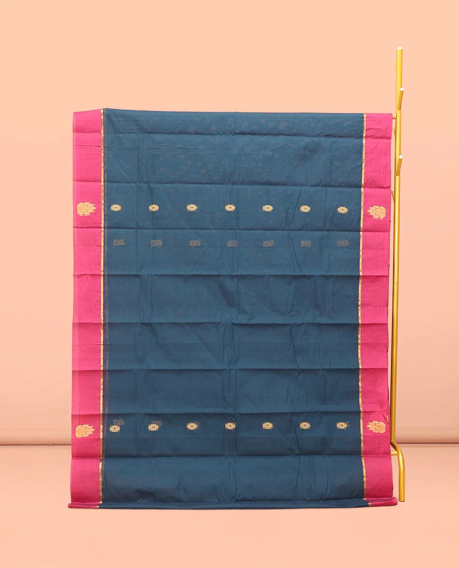 Blue Kanchi Cotton Saree, Adorned with Buttas All Over Its Body, Complemented by Contrast Border, Intricately Thread-Designed Pallu, and Paired with a Matching Blouse