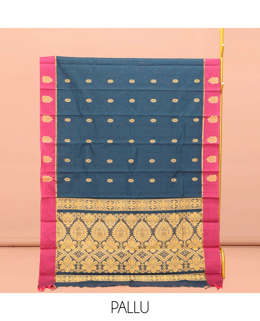 Blue Kanchi Cotton Saree, Adorned with Buttas All Over Its Body, Complemented by Contrast Border, Intricately Thread-Designed Pallu, and Paired with a Matching Blouse - Image 3