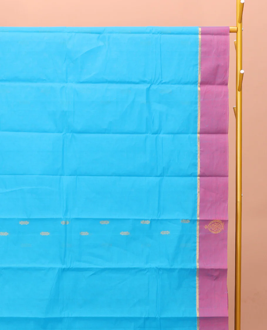 Blue Kanchi Cotton Saree, Adorned with Buttas on Its Body, Contrast Unique Motifs Border, Pallu of Intricate Design, and a Matching Blouse - Image 2