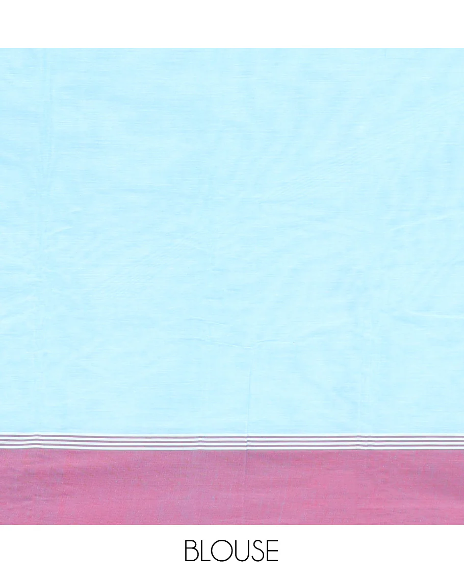 Blue Kanchi Cotton Saree, Adorned with Leaf Buttas On Its Body, Complemented by a Contrast Border, Intricate Patterned Pallu, and a Matching Blouse - Image 4