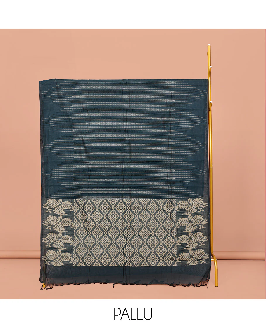 Blue Kanchi Cotton Saree, Adorned with Stripes All Over Its Body, Subtly Sparkled With Temple Border, Jaal Patterned Pallu and Paired with a Matching Blouse - Image 2