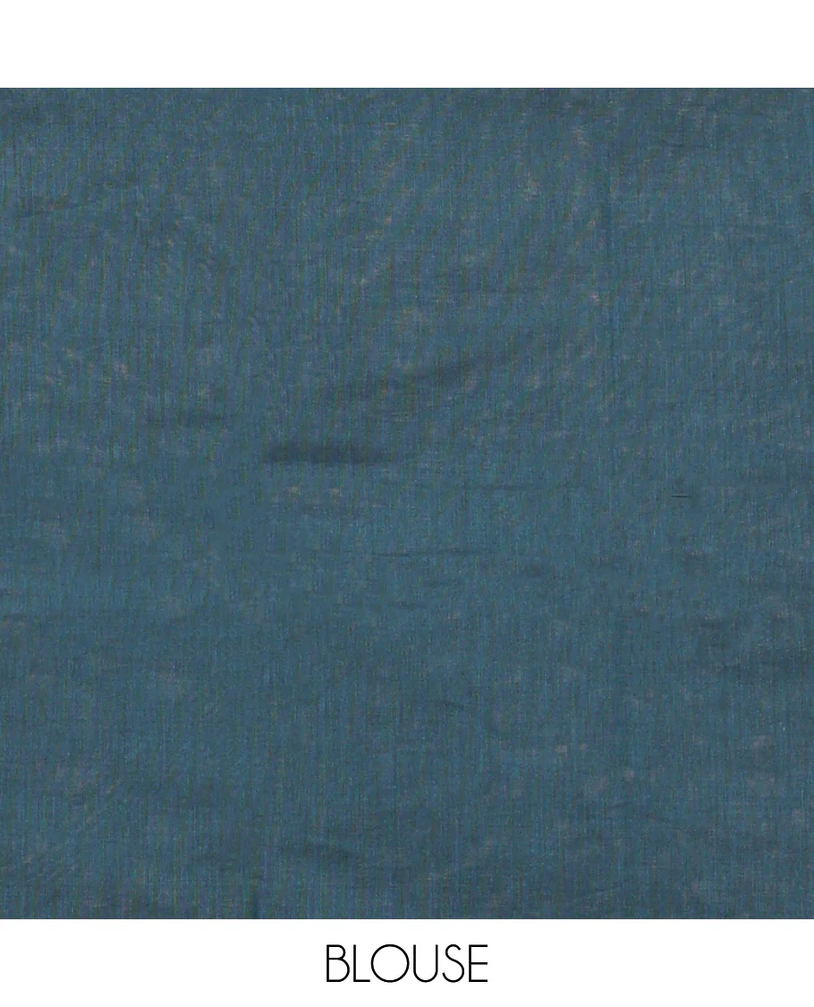 Blue Kanchi Cotton Saree, Adorned with Stripes All Over Its Body, Subtly Sparkled With Temple Border, Jaal Patterned Pallu and Paired with a Matching Blouse - Image 3