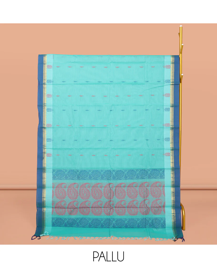 Blue Kanchi Cotton Saree, Decorated with Buttas All Over Its Body, Complemented by a Contrast Border, Pallu of Paisley Design, and Paired with a Matching Blouse - Image 2