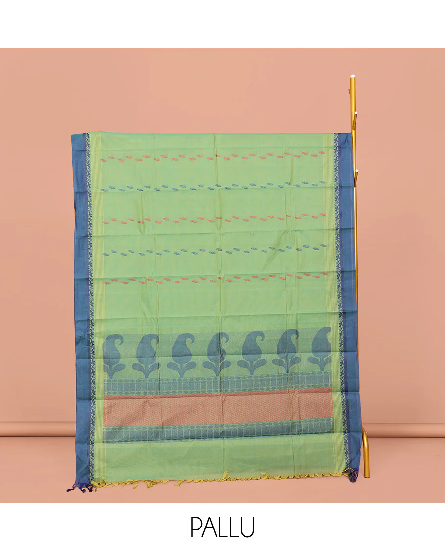 Blue Kanchi Cotton Saree, Elevated with Buttas on Its Body, Complemented by Contrast Border, a Pallu of Geometric-Paisley Designs, and Paired with a Matching Blouse - Image 2
