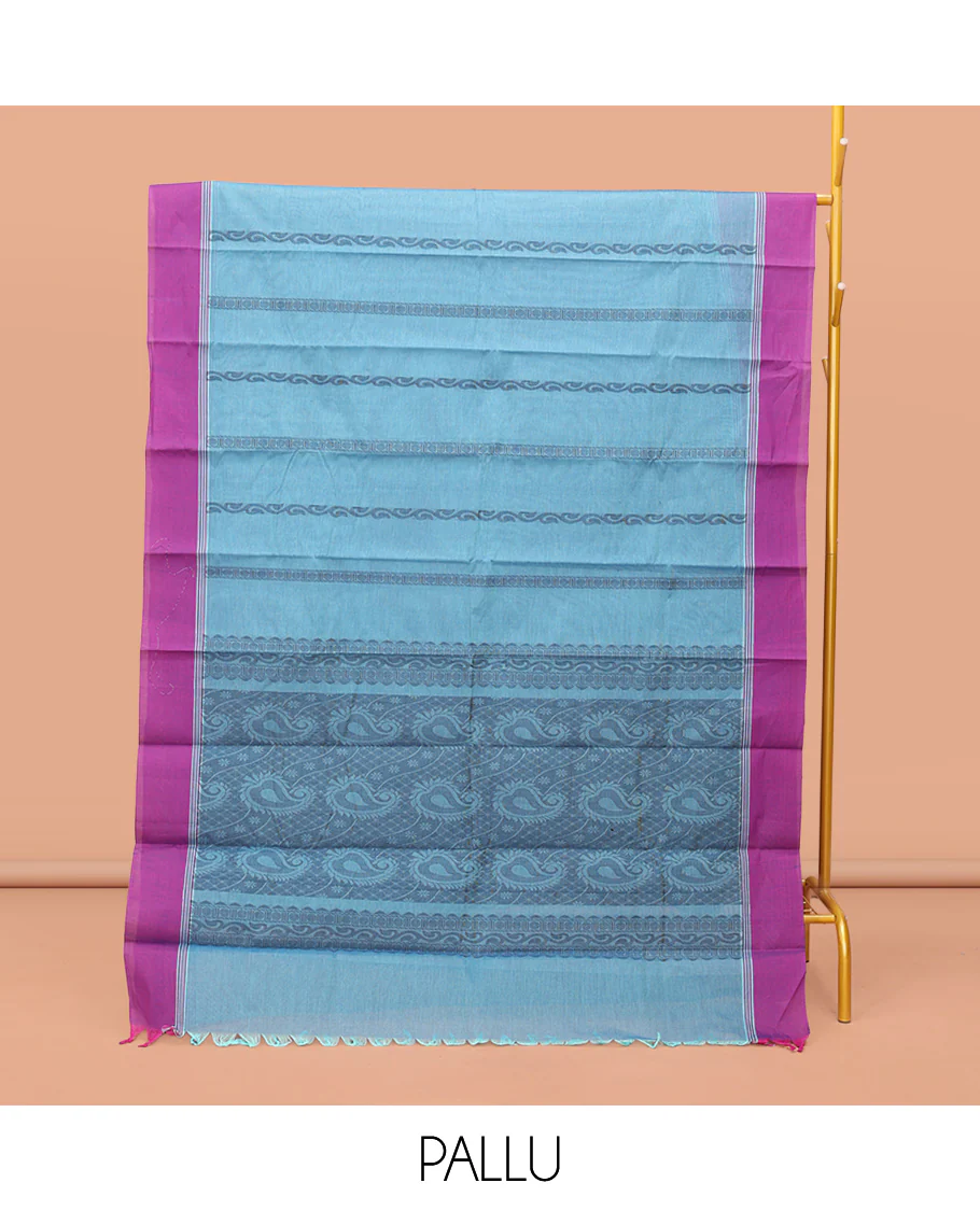 Blue Kanchi Cotton Saree, Elevated with Floral Creeper Designs, Contrast Border, Pallu of Paisley Design, and a Matching Blouse - Image 3