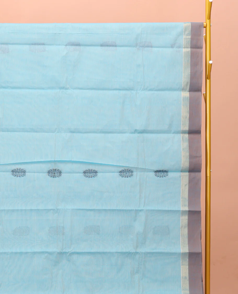 Blue Kanchi Cotton Saree, Featuring Buttas on Its Body, Contrast Border, Pallu of Jaal Design, and a Matching Blouse - Image 2