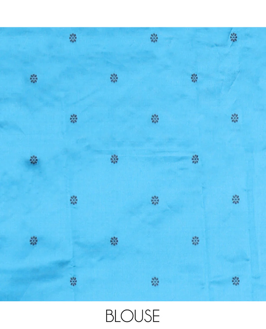 Blue Kanchi Silk Saree, Adorned with Temple Buttas All Over Its Body, Subtly Sparkled With Floral Design Border, Pallu of Paisleys Design, and Paired with a Matching Blouse - Image 3