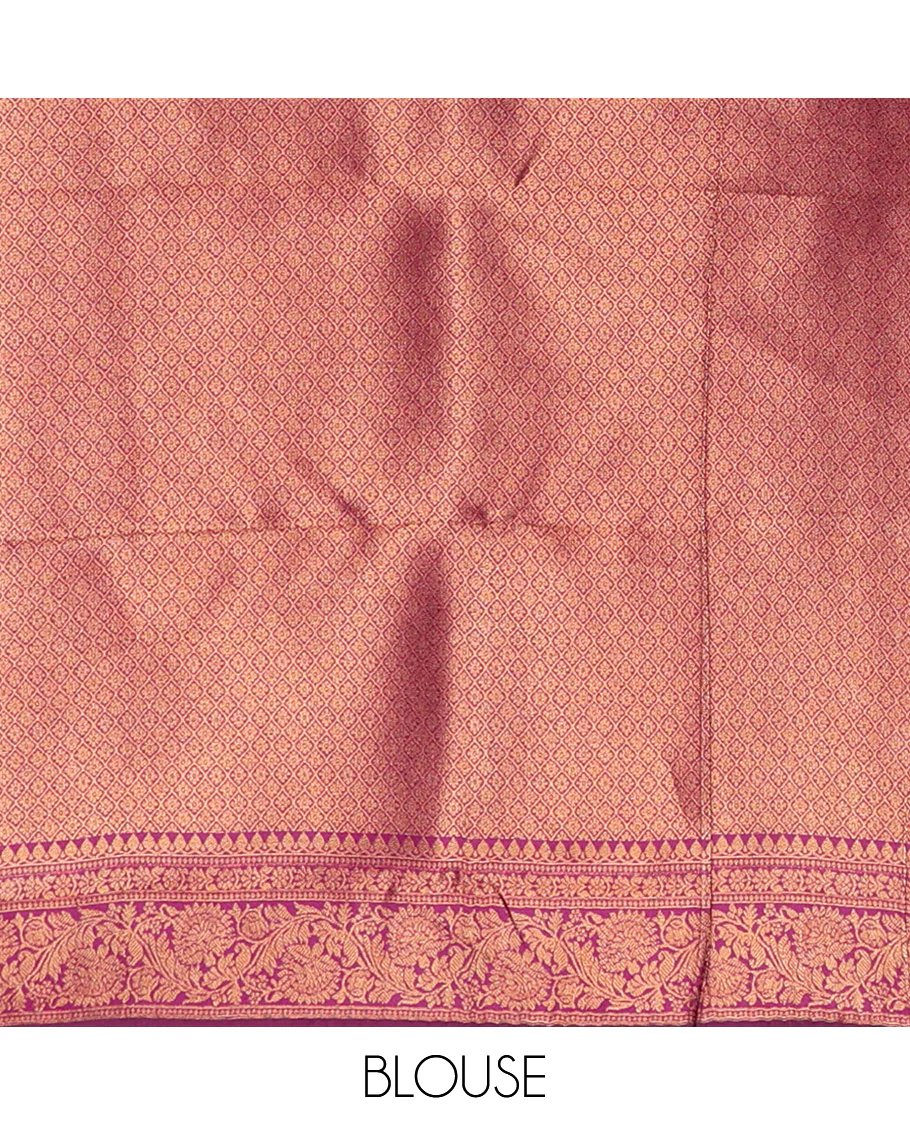 Blue Kanchi Silk Saree Mesmerized with Floral Jacquard Design All Over Its Body, Complemented by a Contrast Traditional Zari Border of Floral Creeper Designs, an Opulently Embellished Pallu, and Paired with a Contrast Jacquard Blouse - Image 3