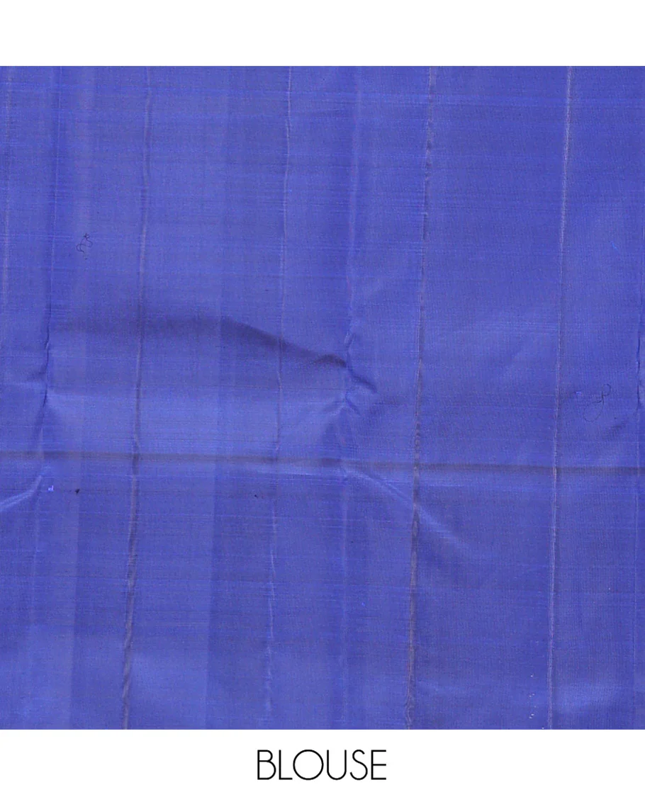 Blue Kanchipuram Designer Silk Saree, Richly Detailed with King and Solider Theme Jacquard Design On Its Body, Highlighted by Zari Border of Rudraksham Designs, Grandly Decked Up Pallu and Paired with a Matching Blouse - Image 6