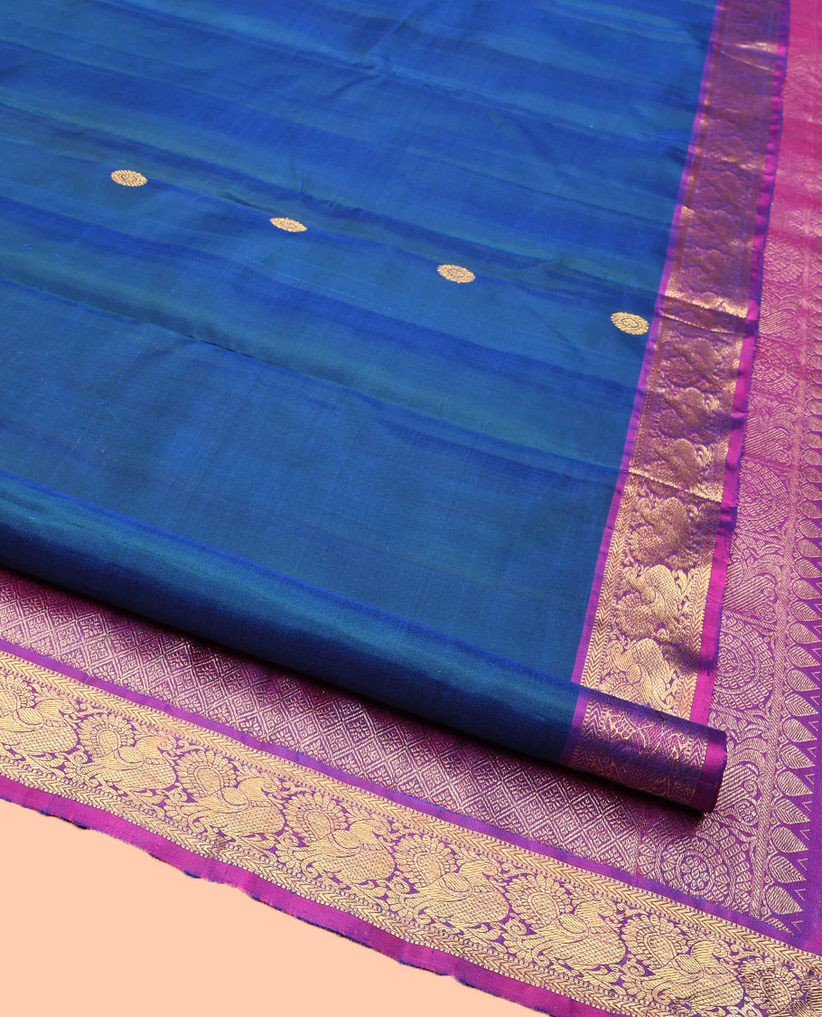 Blue Kanchipuram Silk Saree, Artfully Woven with Mayil Chakram Buttas All Over Its Body, Complemented by a Contrast Border of Muthu, Kathir, and Mayil Designs, Grand Jaal Pallu, and Paired with a Contrast Blouse - Image 2