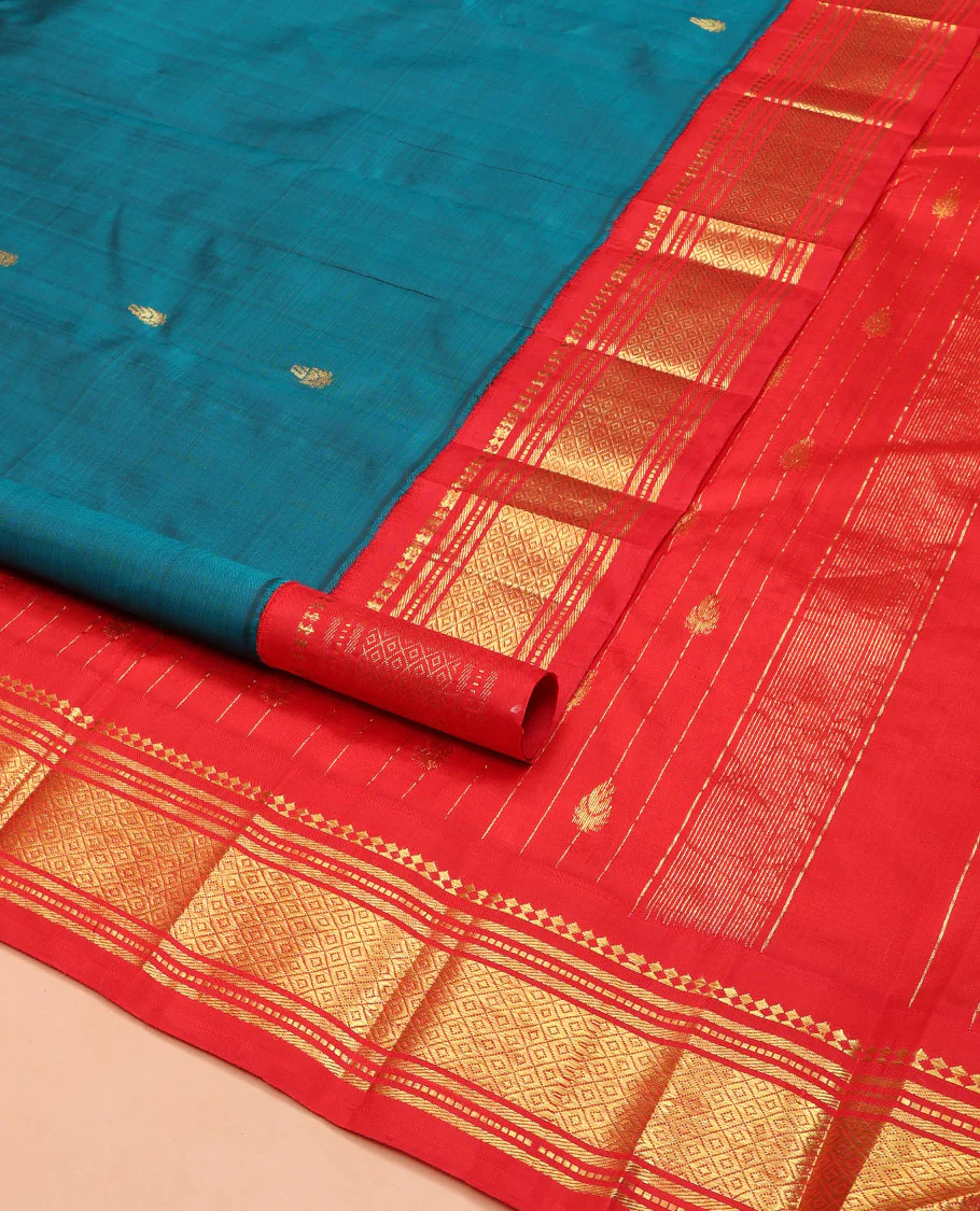 Blue Kanchipuram Silk Saree, Beautified with Zari Buttas on Its Body, Complemented by Contrast One-Sided Korvai Border of Panner Sombu, Banaras, Muthu, and Mayil Kann Designs, Pallu Features Zari Designs, and Comes Without a Blouse - Image 2
