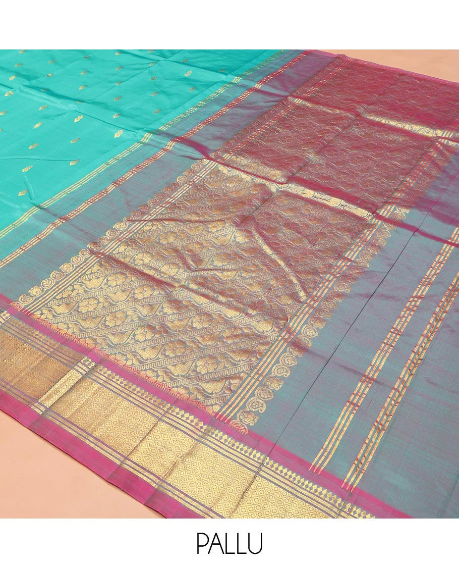 Blue Kanchipuram Silk Saree, Bedecked with Zari Buttas on Its Body, Complemented by a Contrast One-Sided Border of Panner Sombu, Banaras, and Jaal Designs, Pallu Features Floral Creeper Designs, and Comes Without a Blouse - Image 5