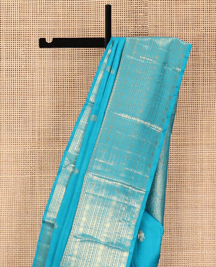 Blue Kanchipuram Silk Saree, Decorated with Iruthalai Pakshi Buttas All Over Its Body, Highlighted by a Zari Border of Puli Nagam, Manga, Kamalam, and Kodi Visiry Designs, Pallu of Human Figurines, and Paired with a Matching Blouse - Image 3
