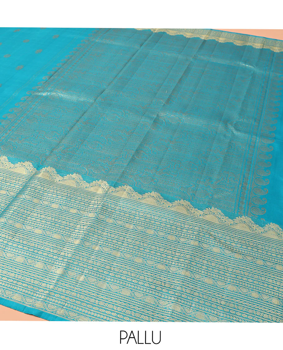 Blue Kanchipuram Silk Saree, Decorated with Iruthalai Pakshi Buttas All Over Its Body, Highlighted by a Zari Border of Puli Nagam, Manga, Kamalam, and Kodi Visiry Designs, Pallu of Human Figurines, and Paired with a Matching Blouse - Image 5