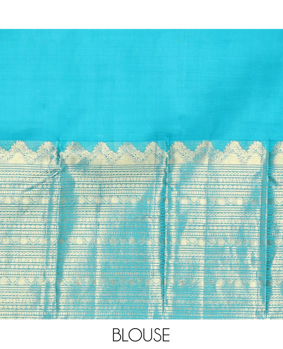 Blue Kanchipuram Silk Saree, Decorated with Iruthalai Pakshi Buttas All Over Its Body, Highlighted by a Zari Border of Puli Nagam, Manga, Kamalam, and Kodi Visiry Designs, Pallu of Human Figurines, and Paired with a Matching Blouse - Image 6