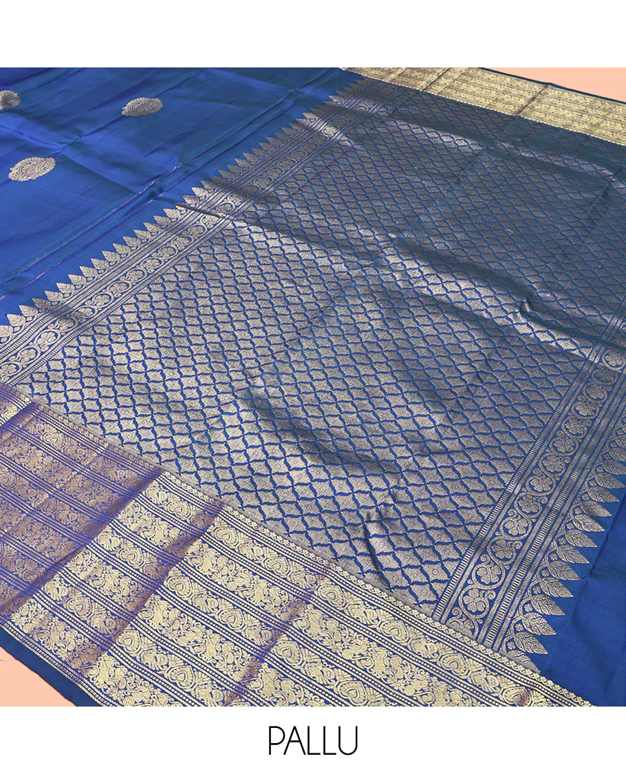 Blue Kanchipuram Silk Saree, Decorated with Zari Buttas All Over Its Body, Highlighted by a Zari Border of Salngai, Muthu, Mayil, and Kuthirai Designs, Grand Jaal Pallu, and Paired with a Matching Blouse - Image 5