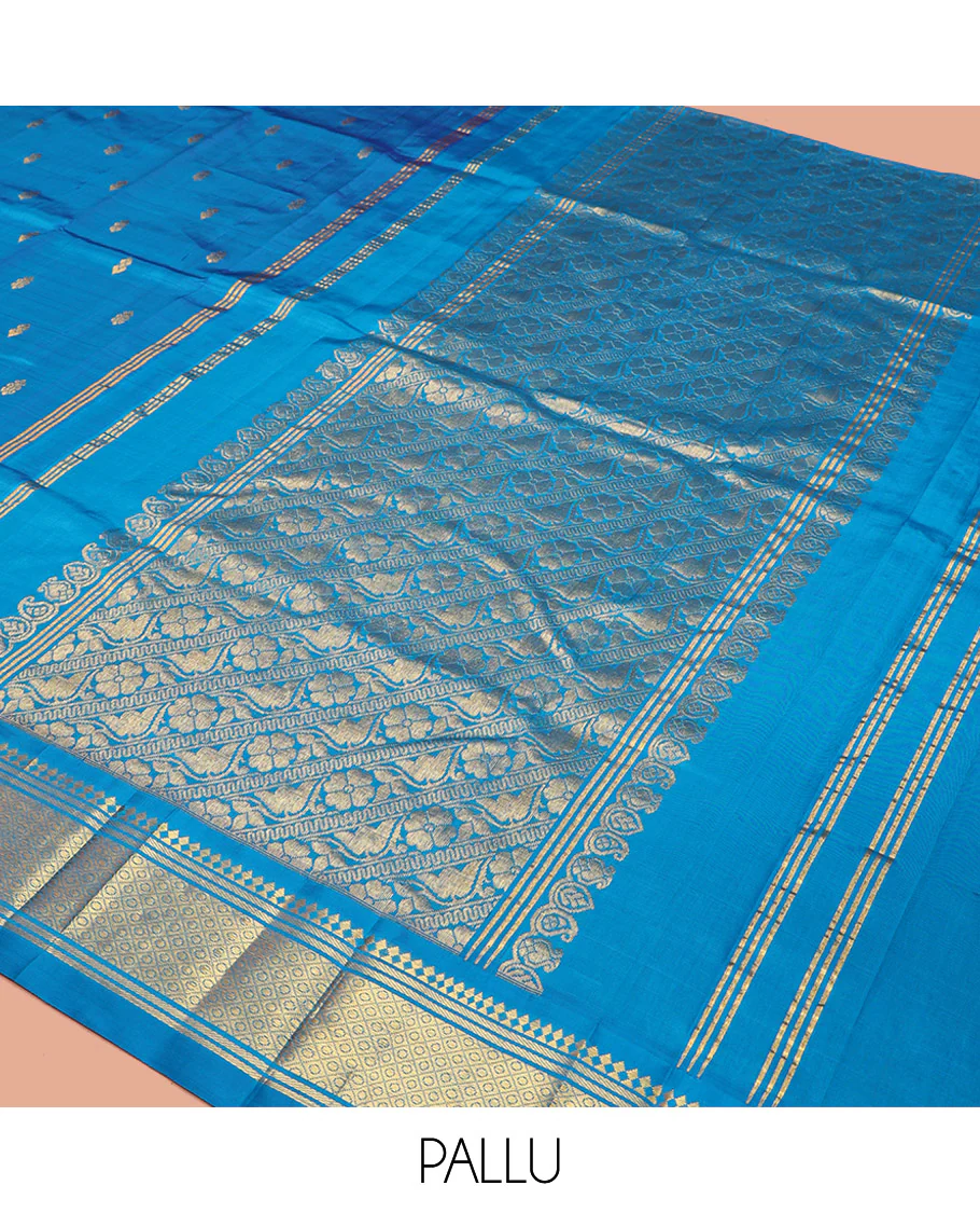 Blue Kanchipuram Silk Saree, Detailed with Zari Buttas, a One-Sided Border Featuring Panner Sombu, Banaras, and Jaal Design, Pallu of Kodi Visiry, and No Blouse - Image 5
