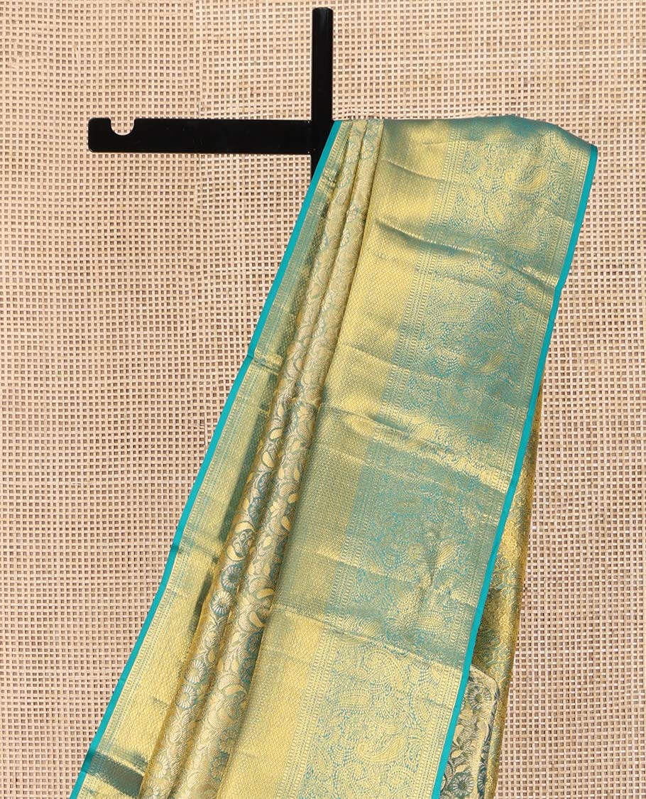 Blue Kanchipuram Silk Saree, Elegantly Highlighted with Zari Jacquard Design All Over Its Body, Highlighted by a Zari Border of Thilakam Mokku, Muthu, Mayil Kann, and Manga Designs, and Pallu of Mughal-Style Designs, and Paired with a Matching Blouse - Image 3
