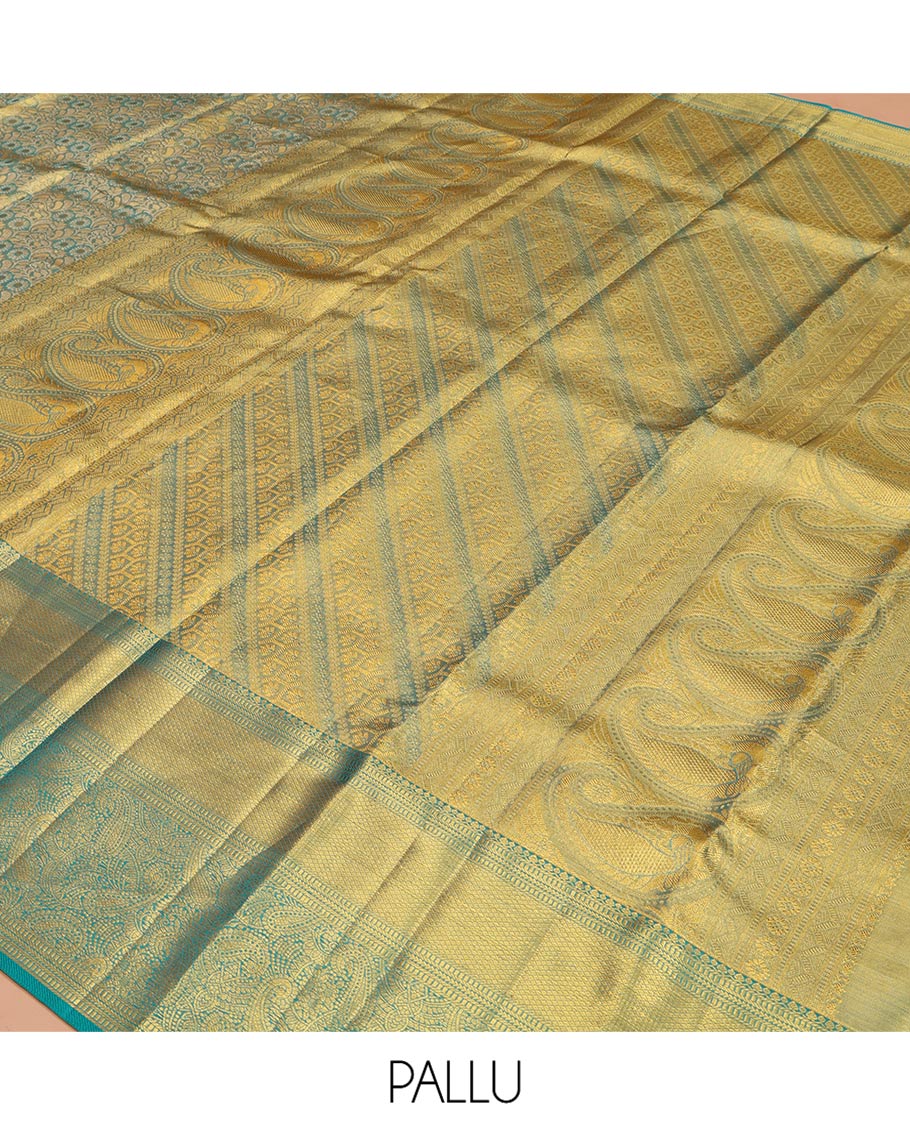 Blue Kanchipuram Silk Saree, Elegantly Highlighted with Zari Jacquard Design All Over Its Body, Highlighted by a Zari Border of Thilakam Mokku, Muthu, Mayil Kann, and Manga Designs, and Pallu of Mughal-Style Designs, and Paired with a Matching Blouse - Image 5