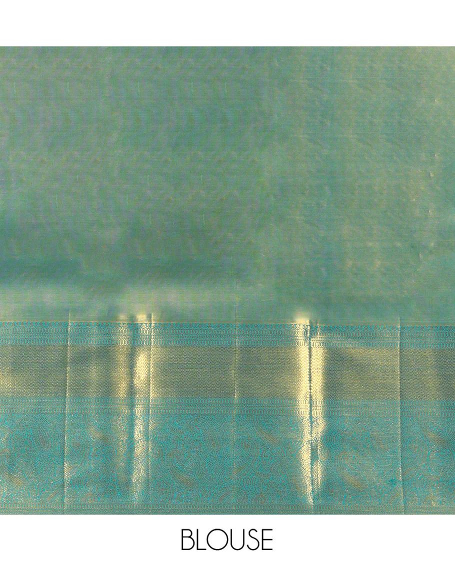 Blue Kanchipuram Silk Saree, Elegantly Highlighted with Zari Jacquard Design All Over Its Body, Highlighted by a Zari Border of Thilakam Mokku, Muthu, Mayil Kann, and Manga Designs, and Pallu of Mughal-Style Designs, and Paired with a Matching Blouse - Image 6