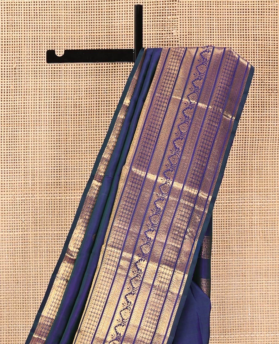 Blue Kanchipuram Silk Saree, Embellished with Mayil and Chakram Buttas All Over Its Body, Highlighted by a Zari Border of Traditional Designs, Pallu Steeped with Traditional Designs, and Paried with a Matching Blouse - Image 3