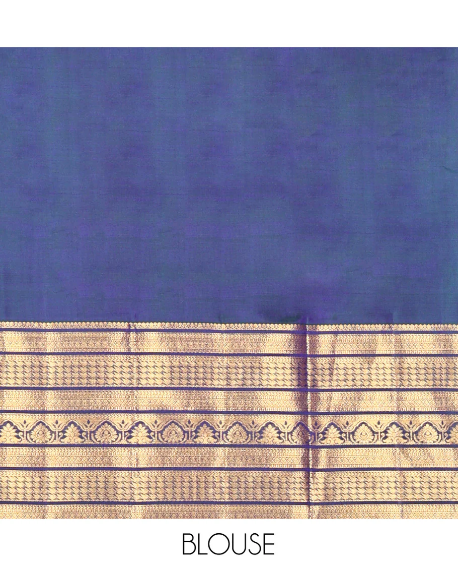 Blue Kanchipuram Silk Saree, Embellished with Mayil and Chakram Buttas All Over Its Body, Highlighted by a Zari Border of Traditional Designs, Pallu Steeped with Traditional Designs, and Paried with a Matching Blouse - Image 6
