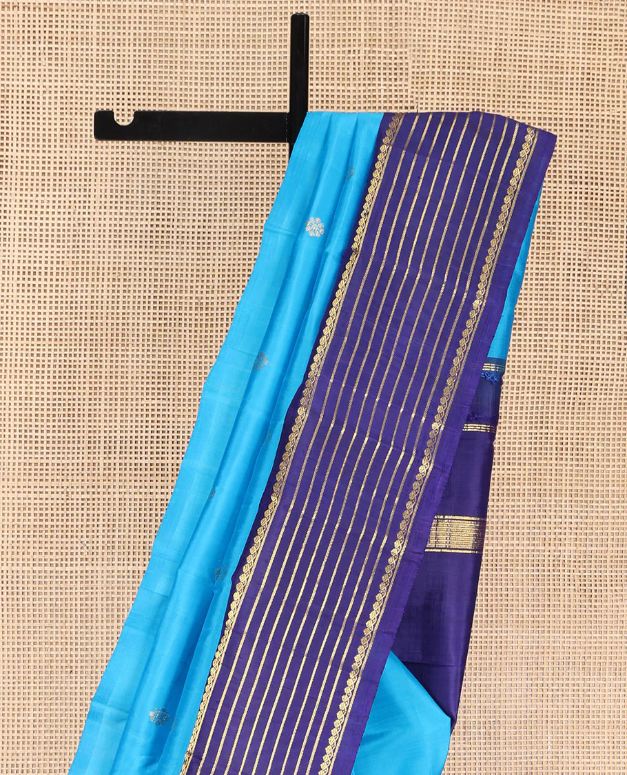 Blue Kanchipuram Silk Saree, Embellished with Zari Buttas, Complemented by Contrast One-Sided Korvai Border of Thilakam Mokku and Banaras Designs, Pallu Steeped with Floral Designs, and Comes Without a Blouse - Image 3
