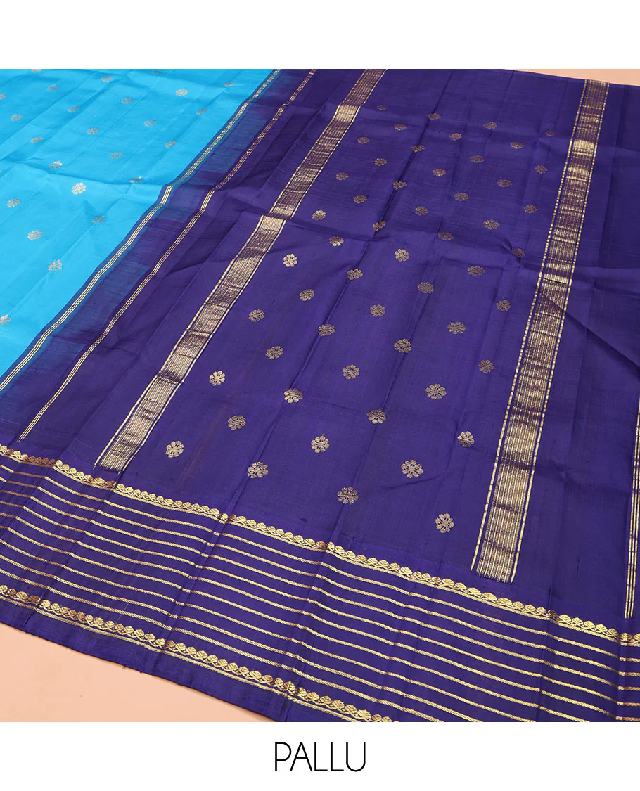 Blue Kanchipuram Silk Saree, Embellished with Zari Buttas, Complemented by Contrast One-Sided Korvai Border of Thilakam Mokku and Banaras Designs, Pallu Steeped with Floral Designs, and Comes Without a Blouse - Image 5