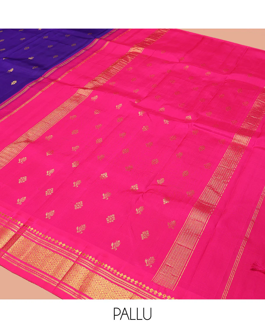 Blue Kanchipuram Silk Saree, Gleamed Up with Zari Buttas, a Contrast Korvai One-Sided Border of Paneer Sombu, Banaras, Muthu, and Jaal Design, Zari Design Pallu, and No Blouse - Image 5