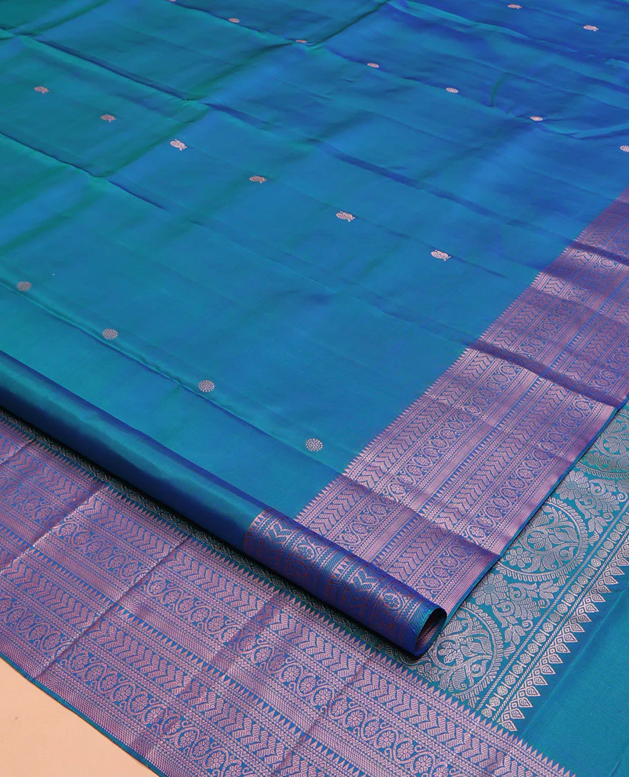 Blue Kanchipuram Silk Saree, Graced with Mayil and Chakram Thread Buttas on Its Body, Highlighted by a Self-Border of Rekku, Neli, Kathir, and Kodi Visiry Designs, Pallu of Jaal Designs, and Paired with a Matching Blouse - Image 2