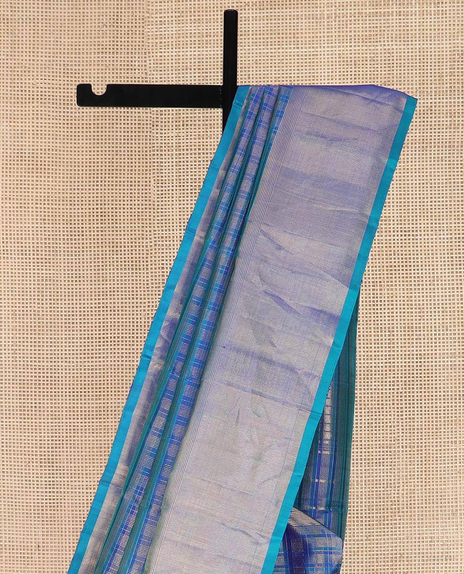 Blue Kanchipuram Silk Saree Highlighted by Checks All Over Its Body, Subtle Self-Border of Zari Designs, Pallu of Traditional Seppu Rekku Designs, and Paired with a Matching Blouse - Image 3