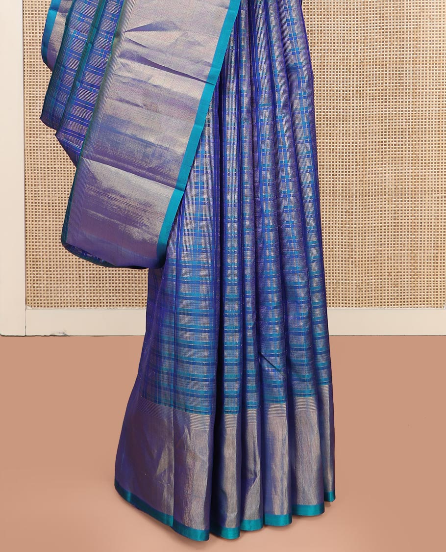 Blue Kanchipuram Silk Saree Highlighted by Checks All Over Its Body, Subtle Self-Border of Zari Designs, Pallu of Traditional Seppu Rekku Designs, and Paired with a Matching Blouse - Image 4
