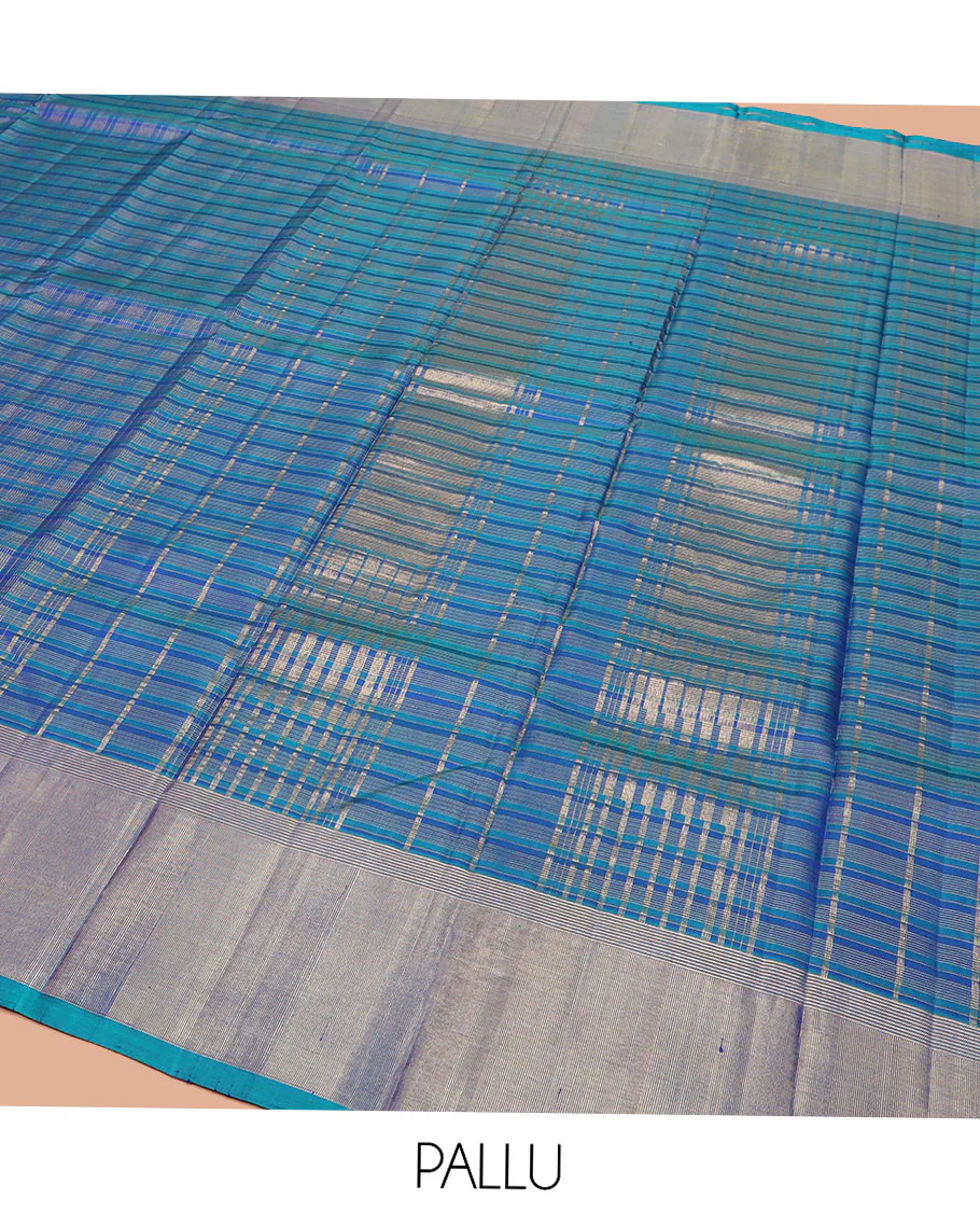 Blue Kanchipuram Silk Saree Highlighted by Checks All Over Its Body, Subtle Self-Border of Zari Designs, Pallu of Traditional Seppu Rekku Designs, and Paired with a Matching Blouse - Image 5