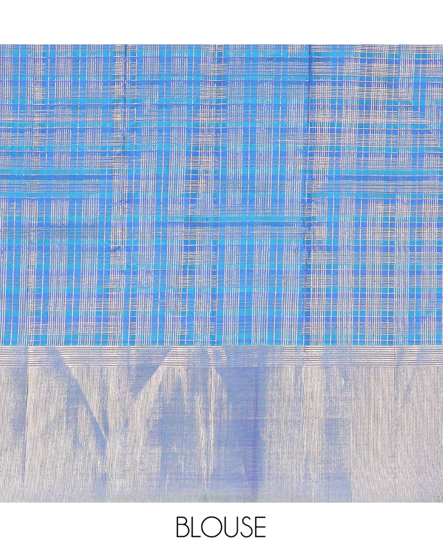 Blue Kanchipuram Silk Saree Highlighted by Checks All Over Its Body, Subtle Self-Border of Zari Designs, Pallu of Traditional Seppu Rekku Designs, and Paired with a Matching Blouse - Image 6