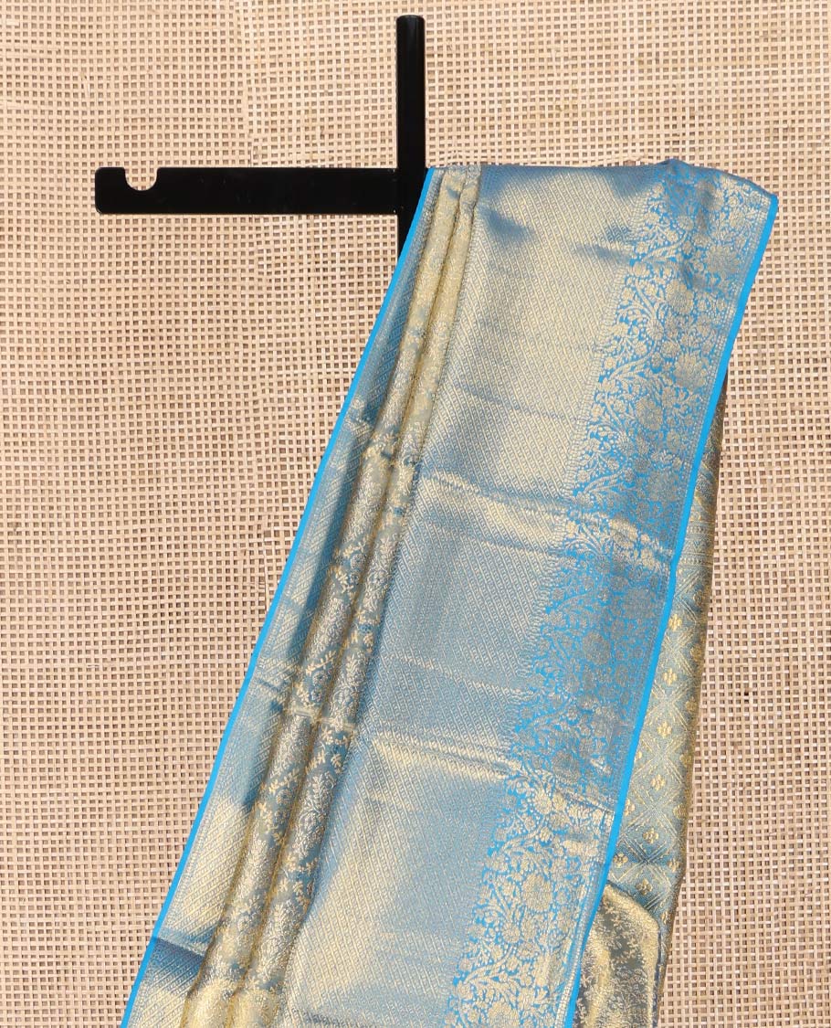 Blue Kanchipuram Silk Saree, Mesmerized with Zari Jacquard Design All Over Its Body, Highlighted by a Zari Border of Thilakam, Muthu, Kathir, Diamond, and Floral Designs, and Pallu of Jaal Designs, and Paired with a Matching Blouse - Image 3