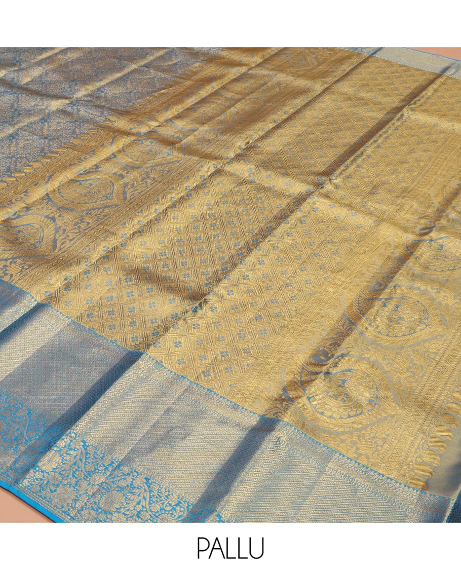 Blue Kanchipuram Silk Saree, Mesmerized with Zari Jacquard Design All Over Its Body, Highlighted by a Zari Border of Thilakam, Muthu, Kathir, Diamond, and Floral Designs, and Pallu of Jaal Designs, and Paired with a Matching Blouse - Image 5