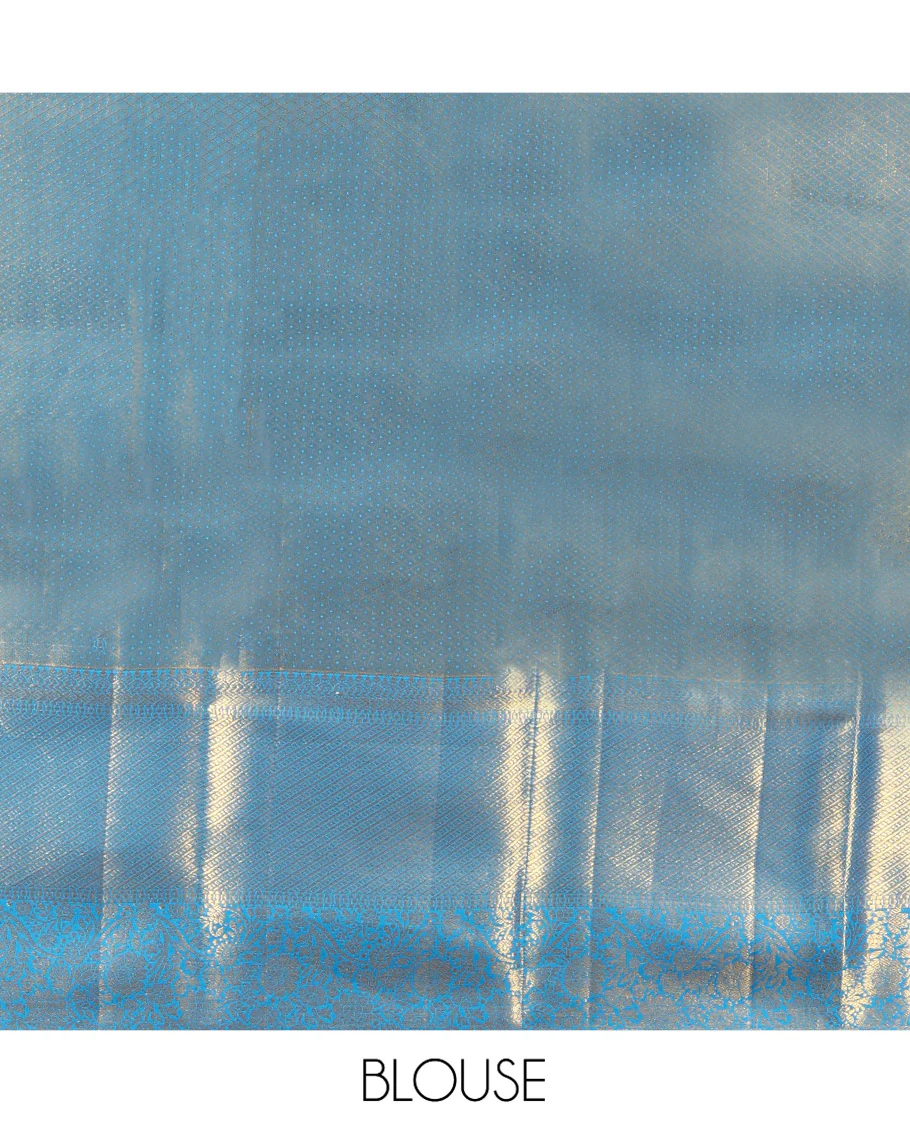 Blue Kanchipuram Silk Saree, Mesmerized with Zari Jacquard Design All Over Its Body, Highlighted by a Zari Border of Thilakam, Muthu, Kathir, Diamond, and Floral Designs, and Pallu of Jaal Designs, and Paired with a Matching Blouse - Image 6