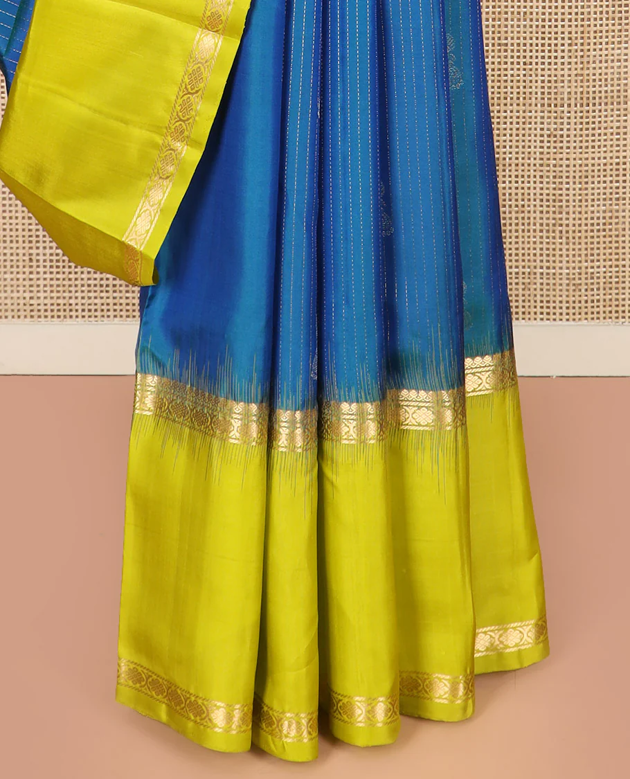 Blue Kanchipuram Silk Saree, Sparsely Sparkled with Muthu Stripes and Jhumka Buttas All Over Its Body, Complemented by a Contrast Rettai Pettu Border of Thilakam Mokku, and Laddu Kamalam Designs, Subtly Sparkled Pallu, and Paired with a Contrast Blouse - Image 4