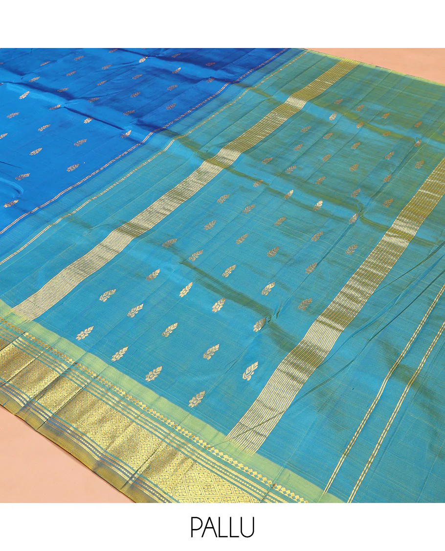 Blue Kanchipuram Silk Saree, Spotlighted with Zari Buttas on Its Body, Complemented by Contrast One-Sided Border of Panner Sombu, Banaras, Muthu, and Jaal Designs, Pallu Features Zari Designs, and Comes Without a Blouse - Image 5