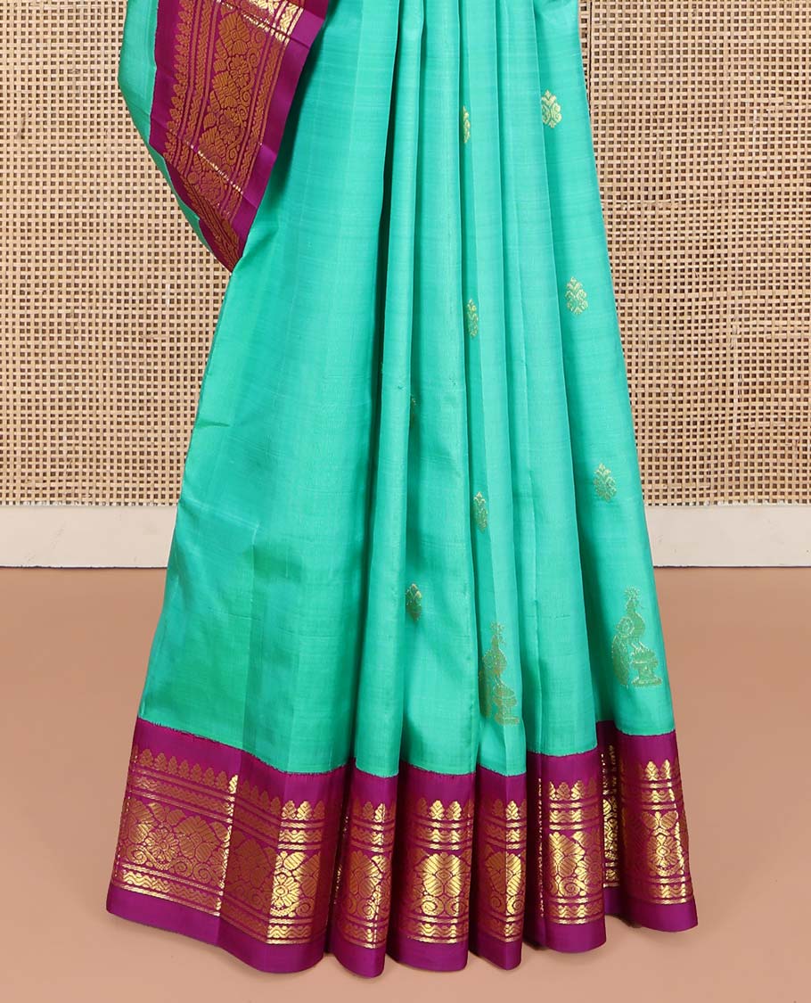 Blue Kanchipuram Silk Saree, Subtly Sparkled with Zari Buttas on Its Body, Complemented by a Contrast One-Sided Korvai Border of Rettai Neli, Banaras, and Floral Designs, Pallu of Paisley-Floral Designs, and Comes Without a Blouse - Image 4
