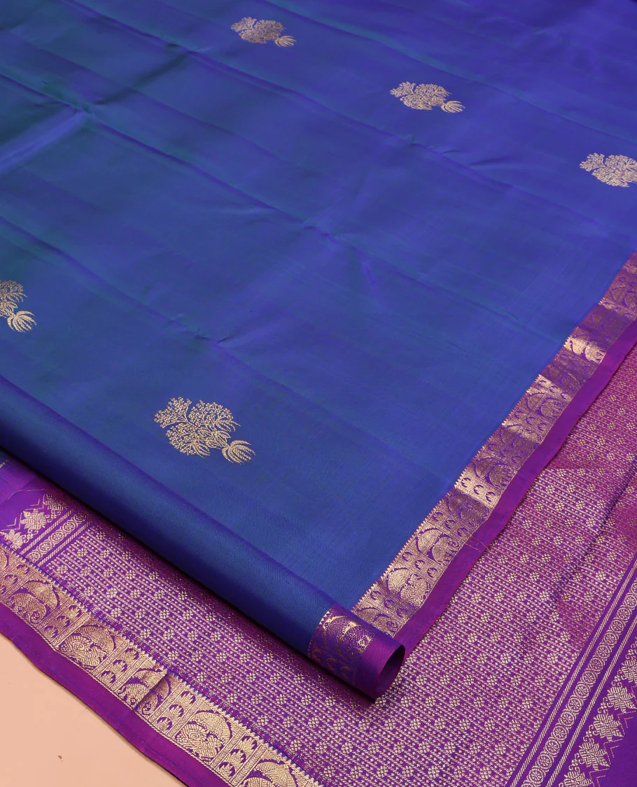 Blue Kanchipuram Silk Saree, Uniquely Designed with Zari Buttas on Its Body, Complemented by Contrast Border of Rekku, Thazampoo Rekku, and Annam Designs, Intricately Designed Pallu, and Paired with a Contrast Blouse - Image 2