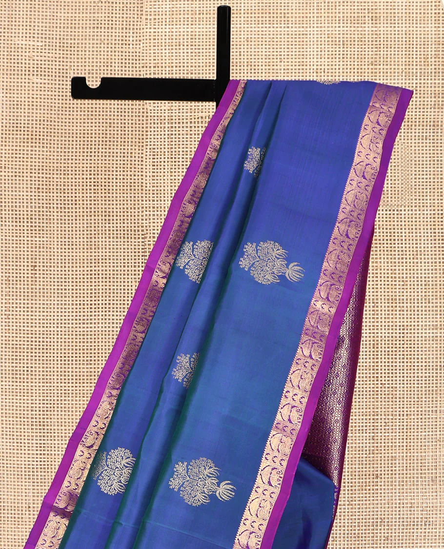 Blue Kanchipuram Silk Saree, Uniquely Designed with Zari Buttas on Its Body, Complemented by Contrast Border of Rekku, Thazampoo Rekku, and Annam Designs, Intricately Designed Pallu, and Paired with a Contrast Blouse - Image 3