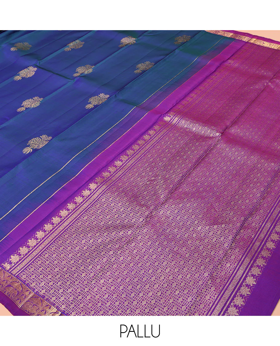 Blue Kanchipuram Silk Saree, Uniquely Designed with Zari Buttas on Its Body, Complemented by Contrast Border of Rekku, Thazampoo Rekku, and Annam Designs, Intricately Designed Pallu, and Paired with a Contrast Blouse - Image 5
