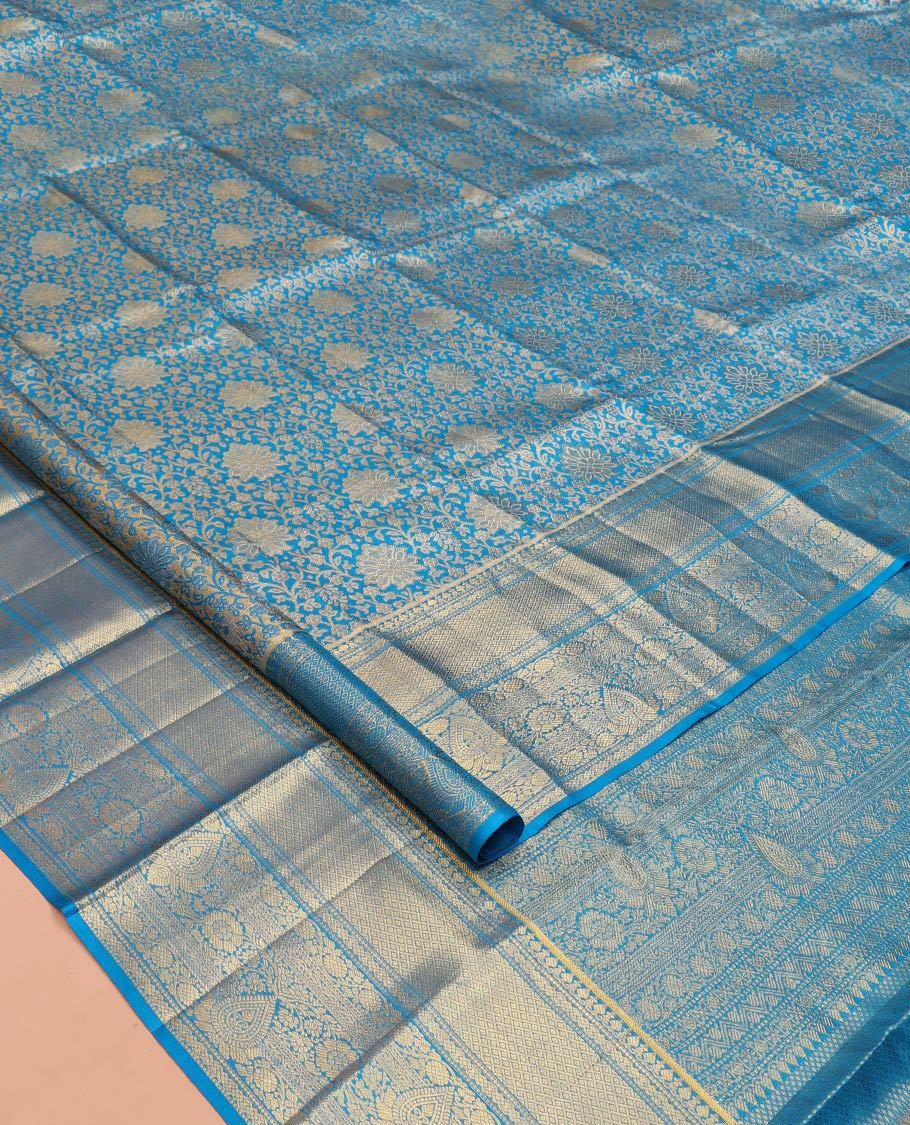 Blue Kanchipuram Tissue Silk Saree, Elegantly Framed with Jacquard Designs on Its Body, Highlighted by a Zari Border of Traditional Designs, Intricately Designed Pallu, and Paired with a Matching Blouse - Image 2