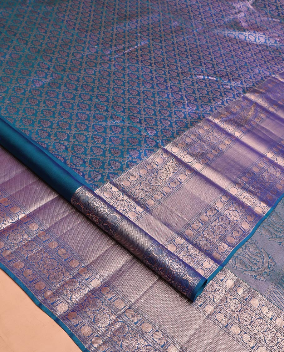 Blue Kanchipuram Wedding Silk Saree, Detailed with Jacquard Design on Its Body, Highlighted by Zari Border of Thilakam, Kodi Visiry, Mayil, and Poun Designs, Grand Pallu, and Paired with a Matching Blouse - Image 2