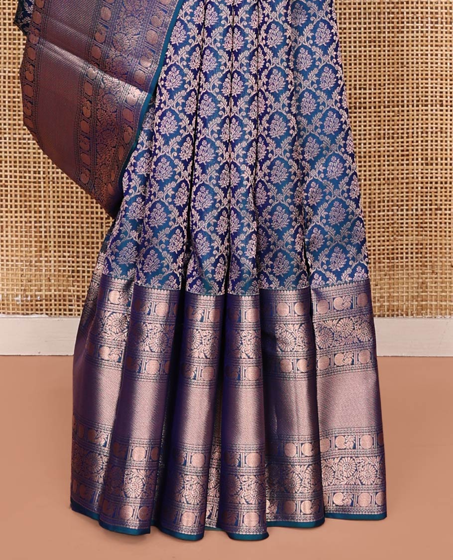 Blue Kanchipuram Wedding Silk Saree, Detailed with Jacquard Design on Its Body, Highlighted by Zari Border of Thilakam, Kodi Visiry, Mayil, and Poun Designs, Grand Pallu, and Paired with a Matching Blouse - Image 4