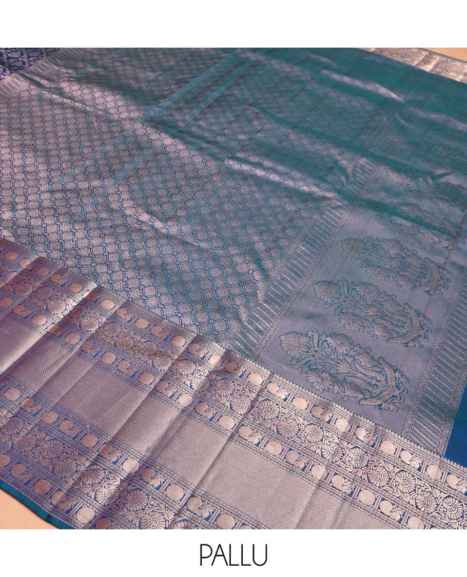 Blue Kanchipuram Wedding Silk Saree, Detailed with Jacquard Design on Its Body, Highlighted by Zari Border of Thilakam, Kodi Visiry, Mayil, and Poun Designs, Grand Pallu, and Paired with a Matching Blouse - Image 5