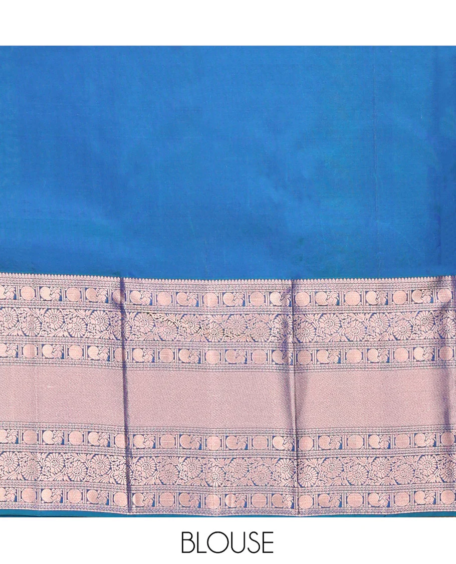 Blue Kanchipuram Wedding Silk Saree, Detailed with Jacquard Design on Its Body, Highlighted by Zari Border of Thilakam, Kodi Visiry, Mayil, and Poun Designs, Grand Pallu, and Paired with a Matching Blouse - Image 6