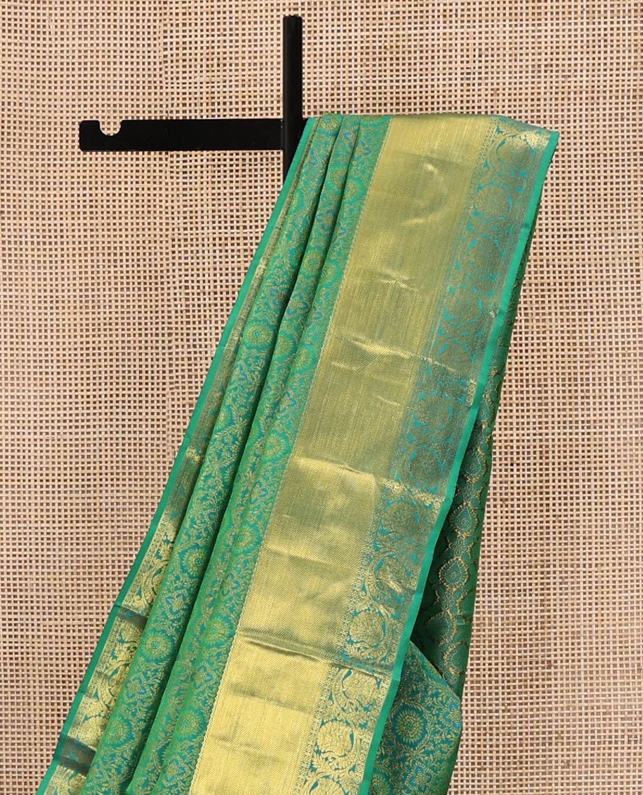 Green Kanchipuram Wedding Silk Saree, Enriched with Floral Jacquard Design On Its Body, Highlighted by Zari Border of Kodi Visiry Designs, Grand Pallu and Paired with a Matching Blouse - Image 3